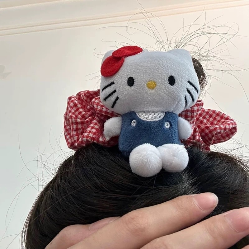 可爱卡通猫咪公仔红格纹发圈甜美少女百搭头饰高级感软萌扎发丸子|undefined