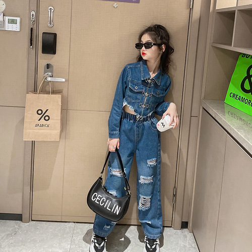 Heavy Industry Girl's Denim Suit  Spring Lightweight Stylish Trendy Button Irregular Denim Suit Children's Set