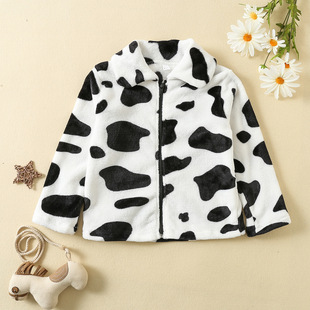 Cross-border 2022 autumn and winter children's flannel zipper coat European and American fashion cow pattern lapel girls' coat