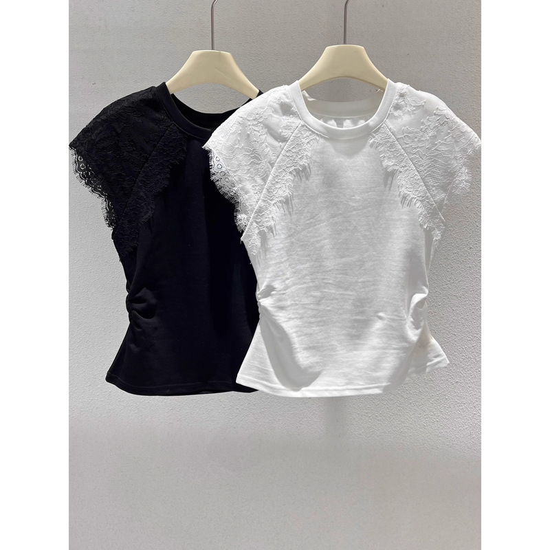 White Lace Splicing Round Neck Short-Sleeved Top Summer Slim Pleated Shirt Beautiful Petite Pure Desire T-Shirt for Women