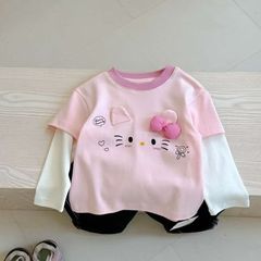 女童2025棉新款长袖T春秋季儿童韩版卡通假两件女宝宝时尚打底衫