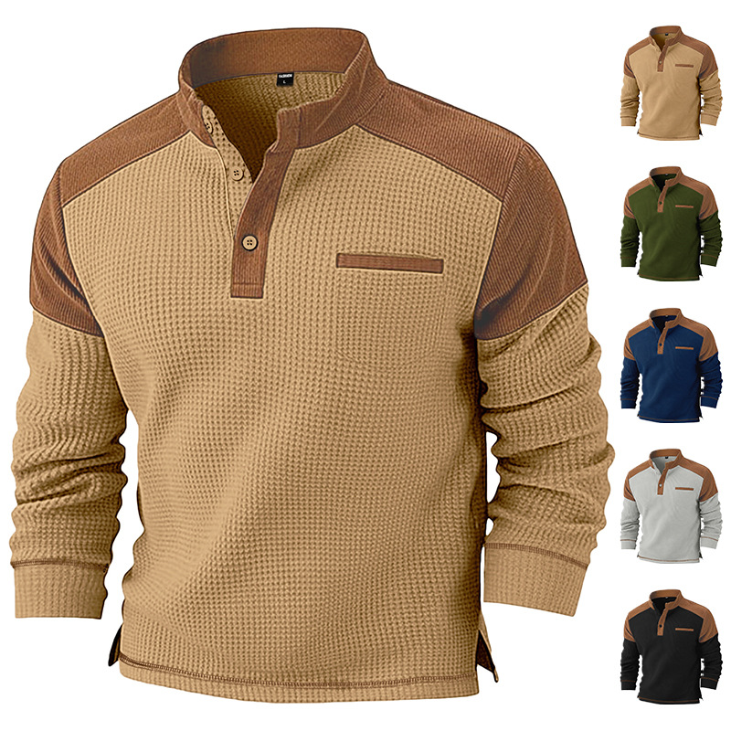 Nueva estación independiente de invierno nuevo hombre transfronterizo Waffle bolsillo falso cuello de pie casual camiseta de vello de manga larga