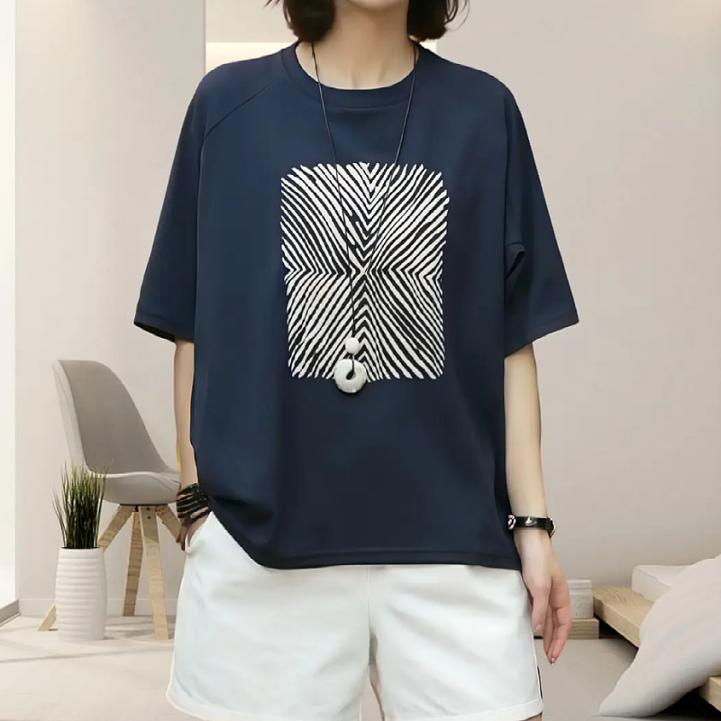 大码重磅藏青色短袖T恤女夏季新款时尚休闲百搭胖mm显瘦宽松上衣|undefined