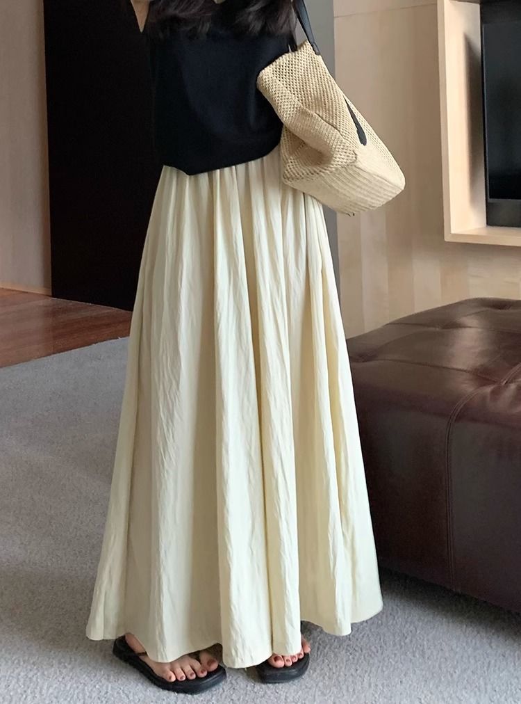 Textured casual trousers for women new retro high waist slim design solid color wide leg skirt pants_voghion.com