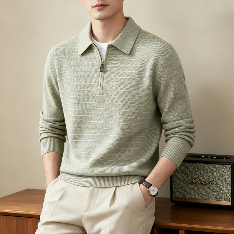 Autumn and winter men's half-zip collar solid color knit sweater long sleeve old money style fine stripe casual business men's wear Autumn and winter men's half-zip collar solid color knit sweater long sleeve old money style fine stripe casual business men's wear