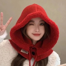 毛线围脖巴拉克拉法帽子女冬显脸小红帽一体大头围加厚保暖针织帽