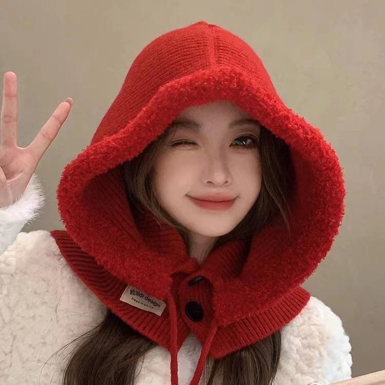 毛线围脖巴拉克拉法帽子女冬显脸小红帽一体大头围加厚保暖针织帽