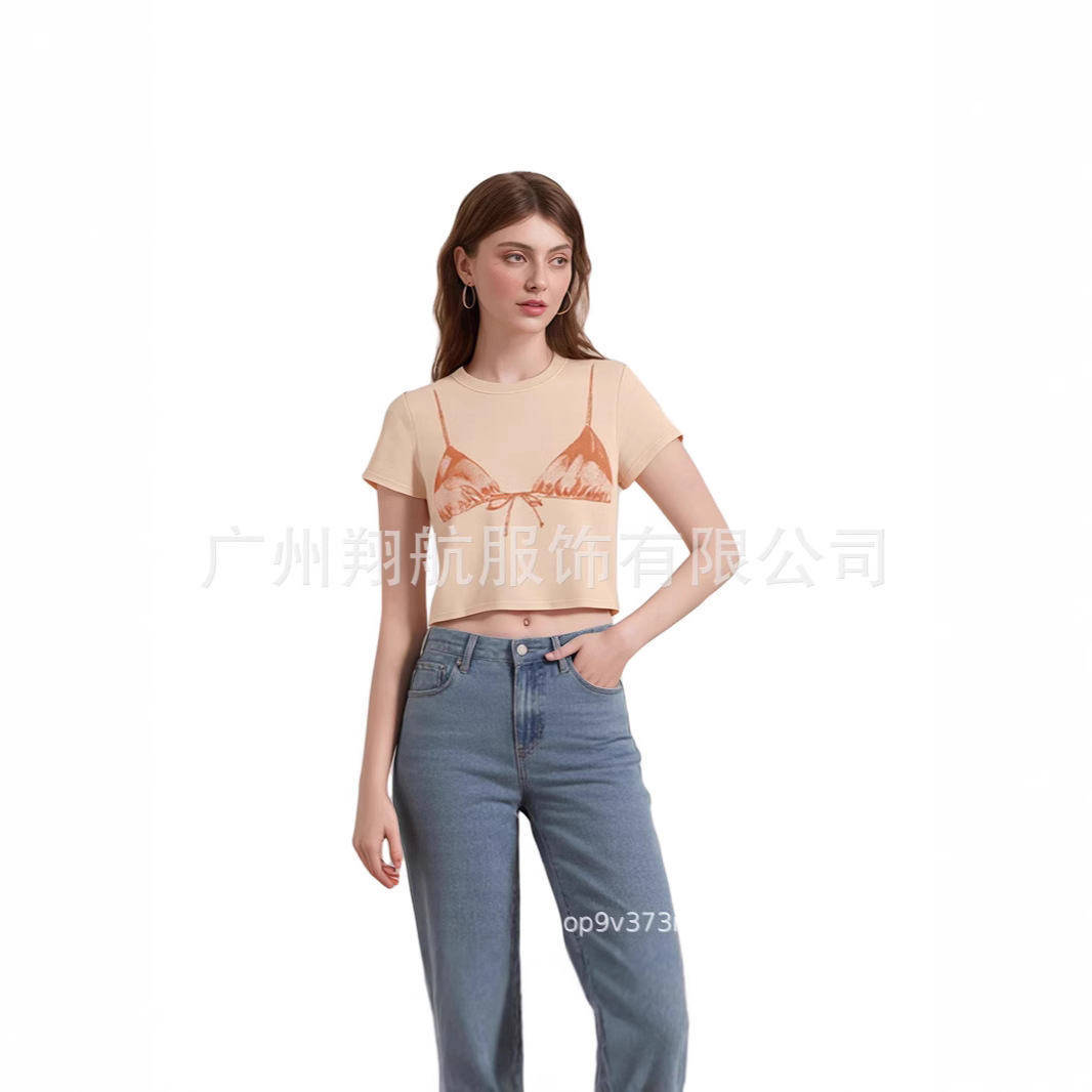 欧美风ins辣妹设计感短袖T恤女透视效果印花短款露脐上衣夏季新款