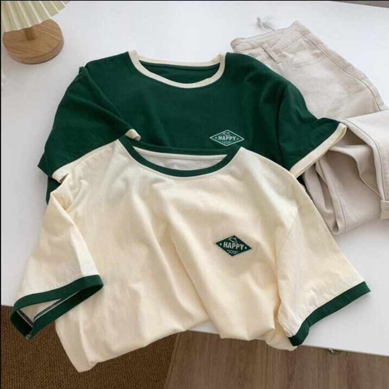 Cross-border Cotton Contrast Short-sleeved T-shirt Women's Summer 2022 New Girlfriend Fashion Loose Korean All-match Half-sleeved