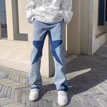 街头个性男女款五角星星拼接贴布刺绣牛仔裤直筒拼色长裤