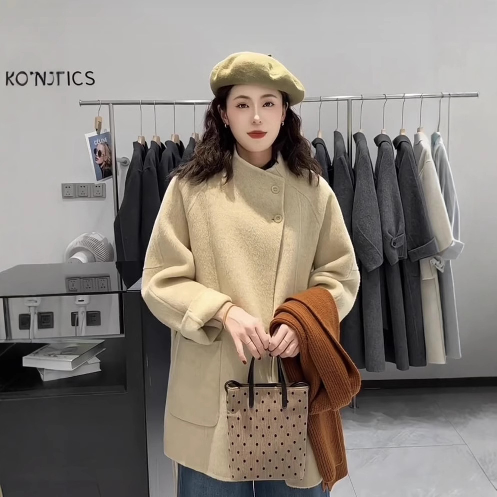 여성 양면 캐시미어 코트 가을 겨울 한국 스타일 수직 칼라 하이 엔드 작은 여성을위한 우아한 루즈 모직 코트