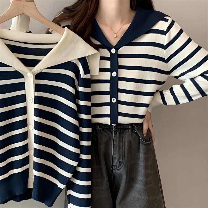 Navy Collar Striped Knit Base Shirt for Women, Autumn New Sweet Spicy Girl Color-Block V-Neck Long-Sleeve Versatile Cardigan Top