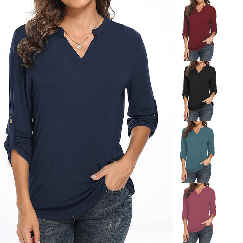 Amazon 2025 Spring New European and American Cross-Border Women's Long-Sleeved V Neck Shirt Three-Quarter Roll-Sleeved Waist Top T-Shirt