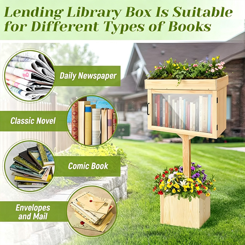 Wooden outdoor library book and newspaper box, cross-border gardening bookcase, DIY graffiti book box, painting storage box, flowerpot style