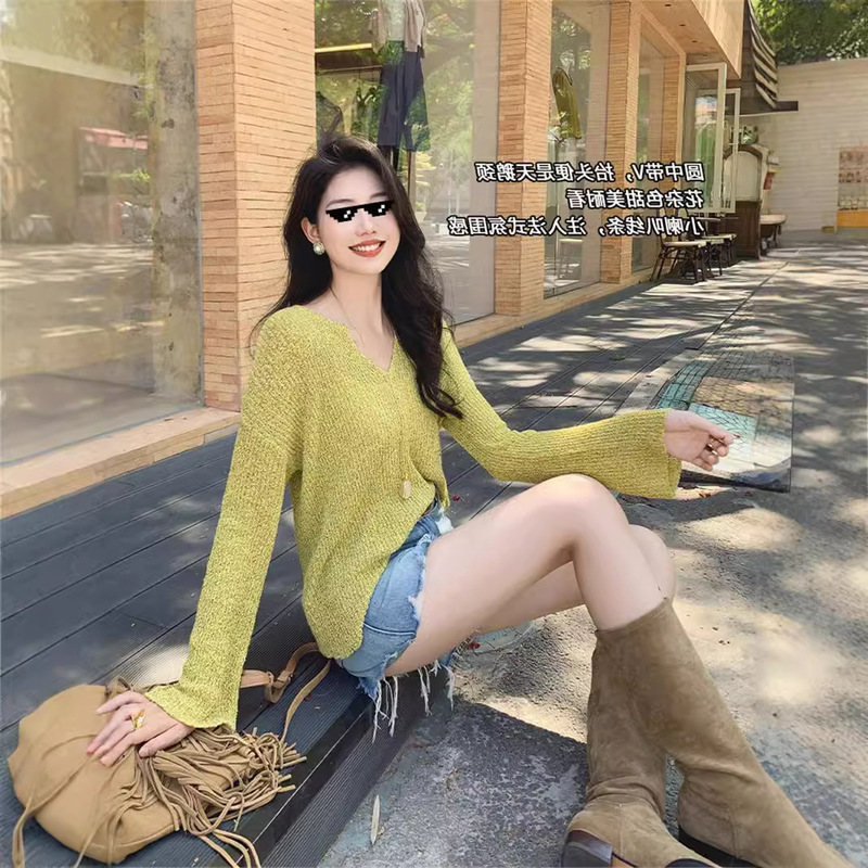 美洋meiyan百香青レモンニットの縦条筋理 _ 不規則裾vネック長袖上着|undefined