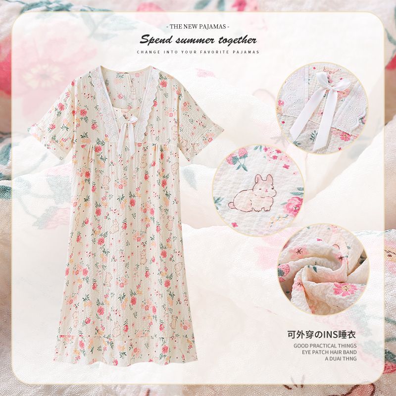 Camisón de manga corta de algodón de burbuja de verano al por mayor transfronterizo de dibujos animados dulce y lindo servicio a domicilio para niñas pijamas sueltos casuales