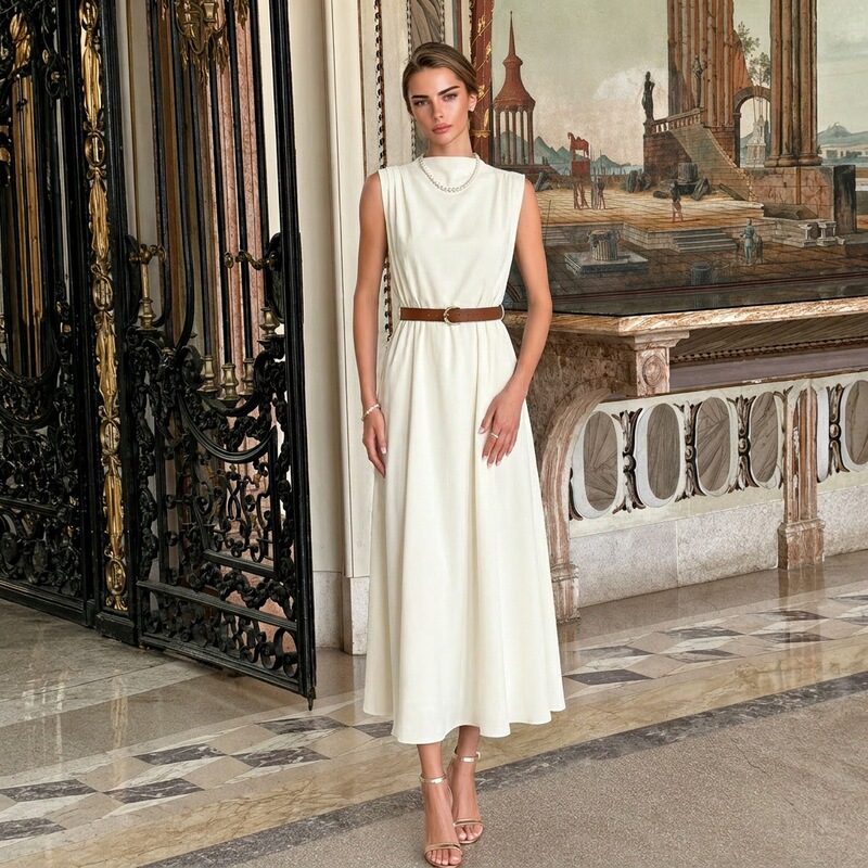 Waist-Cinching Long Dress with a Stylish Commuter Look, Solid Color, New High-Neck Sleeveless Ruched Dress with Belt, French Style, Summer