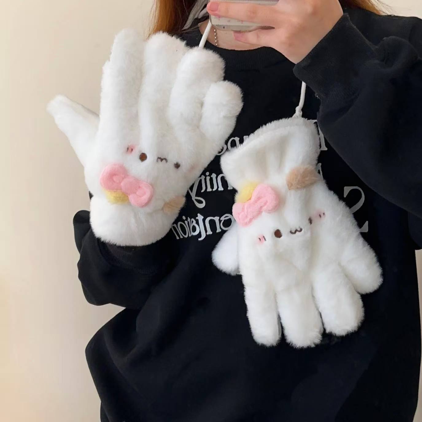 可爱少女心毛绒手套女新款冬季学生骑行挂脖加绒加厚防寒五指手套