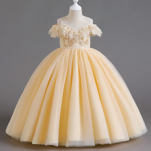 Girls' dresses, evening dresses, off-the-shoulder long dresses, princess dresses, mesh tutu dresses, performance dresses, host dresses