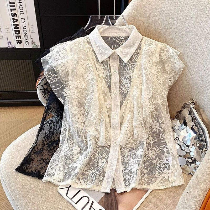 Lace Splicing French-Style Dynamic Bow Tie Short-Sleeve Shirt for Women, New Summer 2026 Model, Elegant and Sweet Casual Blouse Lace Splicing French-Style Dynamic Bow Tie Short-Sleeve Shirt for Women, New Summer 2026 Model, Elegant and Sweet Casual Blouse