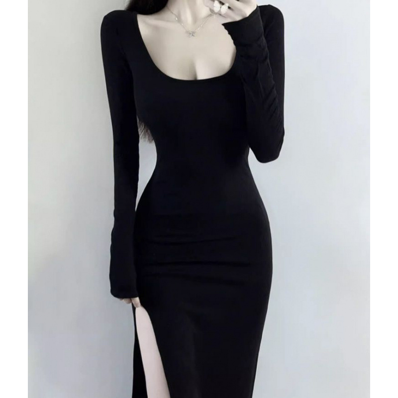 Black Sexy Hot Girl Collarbone Long-Sleeved Dress Women's Autum Inner Slit Royal Sister Style Stepmother Long Skirt Black Sexy Hot Girl Collarbone Long-Sleeved Dress Women's Autum Inner Slit Royal Sister Style Stepmother Long Skirt