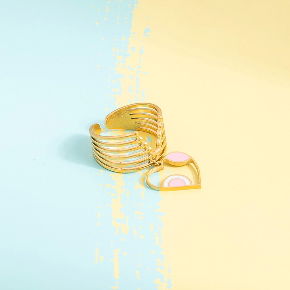 0.03µm-0.05µm Gold Plating Thickness PVD Coated Real Gold Plated Cherry Heart Shape Eye 304 Stainless Steel Cute Waterproof Non Tarnish Charm Rings Open Rings
