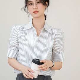 实拍条纹衬衫女装新款薄款宽松Polo领通勒短袖上衣女