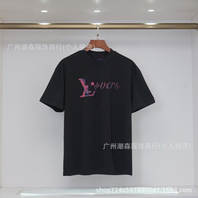 现货跨境奢潮驴家高品质L满印字母短袖外贸经典款圆领男女宽松T恤|undefined