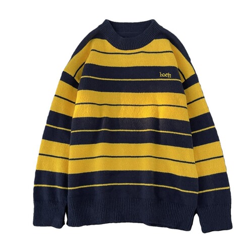 Stylish New Striped Sweater for Men and Women, Couple's Day-Style Retro Color Block Collage Hoodless Crew Neck Knitwear Outerwear