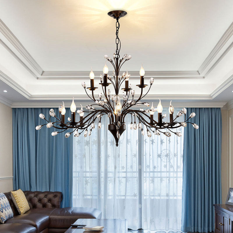 American-Style Black Crystal High-End Homestay Lamp, Retro Living Room Chandelier, French-Style Light Luxury Dining Room Bedroom Candle Lamp