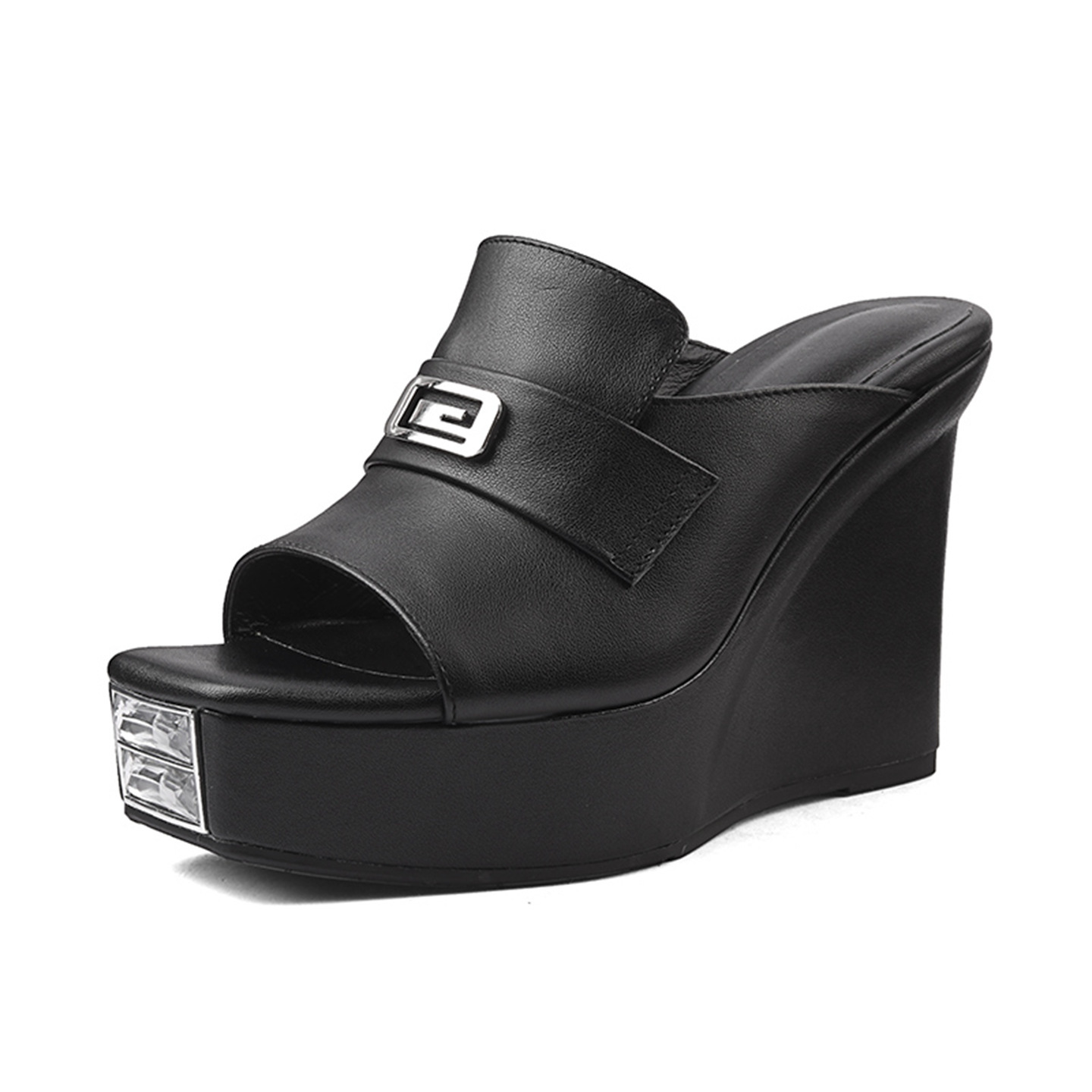 Sandal cao gót nữ mũi cá hở ngón, đế dốc dày da bò, gót 10.5 cm — Lời bài hát: Black (Sheep Flip) chi tiết 12