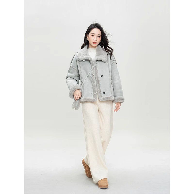 小个子毛毛拼接设计感加厚机车服女冬季新款宽松休闲立领蓝色外套|undefined