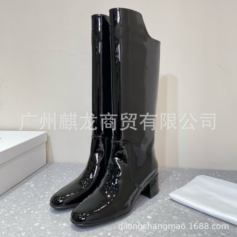 高端品质2025秋冬真皮亮面圆头复古粗高跟套筒显瘦高筒骑士靴长靴|undefined