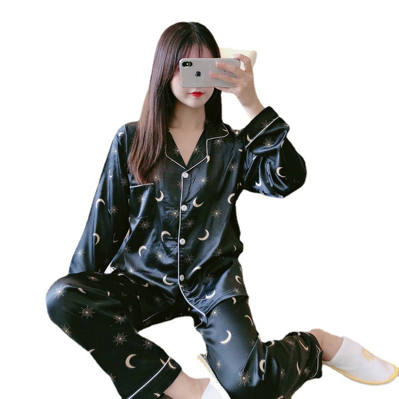 대외 무역 새로운 실크 잠옷 여성의 봄과 가을 캐주얼 긴 소매 여성의 아이스 실크 홈 의류 세트 도매