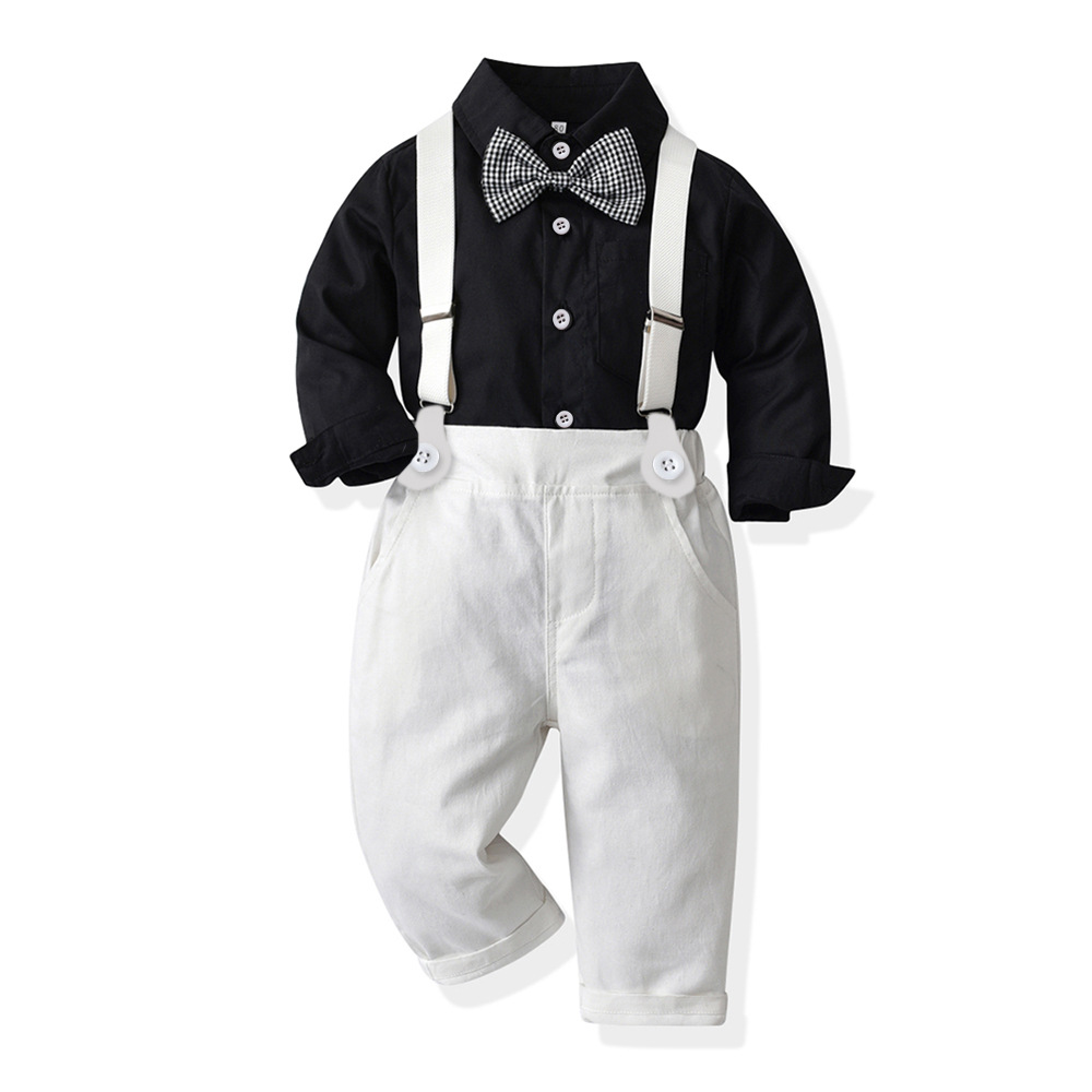 Europa y los Estados Unidos corbata de niños manga larga una sola fila de botón camisa de algodón pantalones de dos piezas set de ropa de caballero bebé niño
