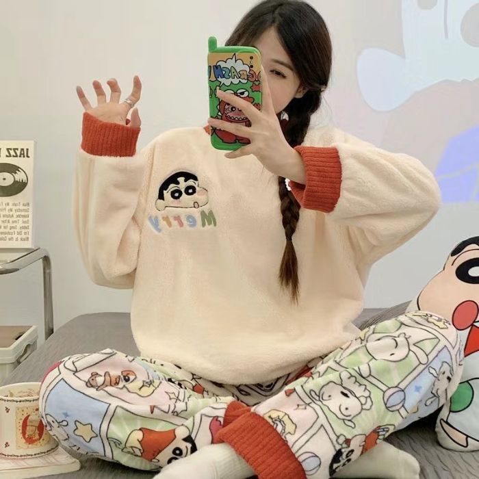 Franela al por mayor transfronteriza otoño invierno pijamas mujeres engrosadas dulces dibujos animados casuales manga larga chaqueta explosiva ropa para el hogar