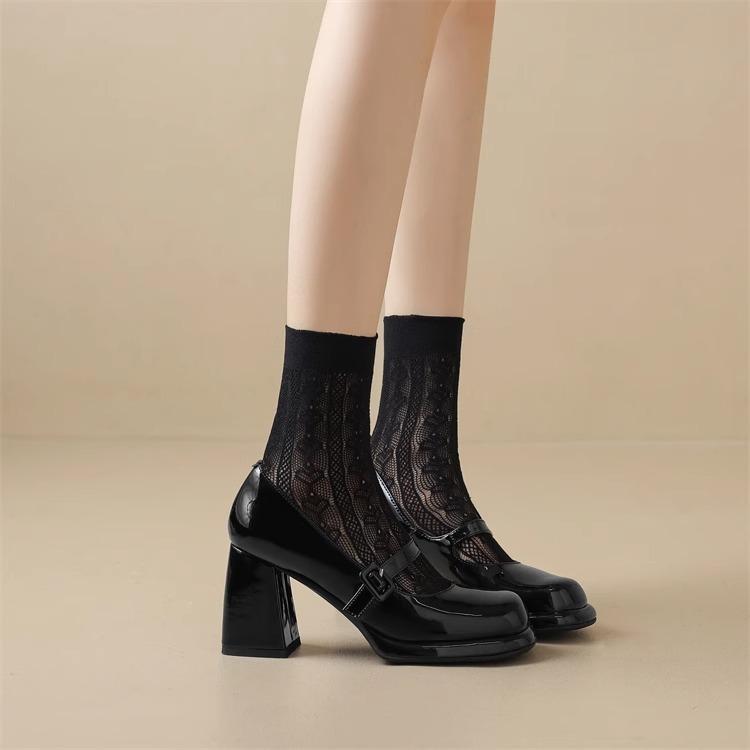 Wunderschöne, klassische schwarze Mary Jane-Schuhe zum Selbstbinden mit einem Riemen und rundem Kopf, elegante High Heels mit kleiner Öffnung_voghion.com