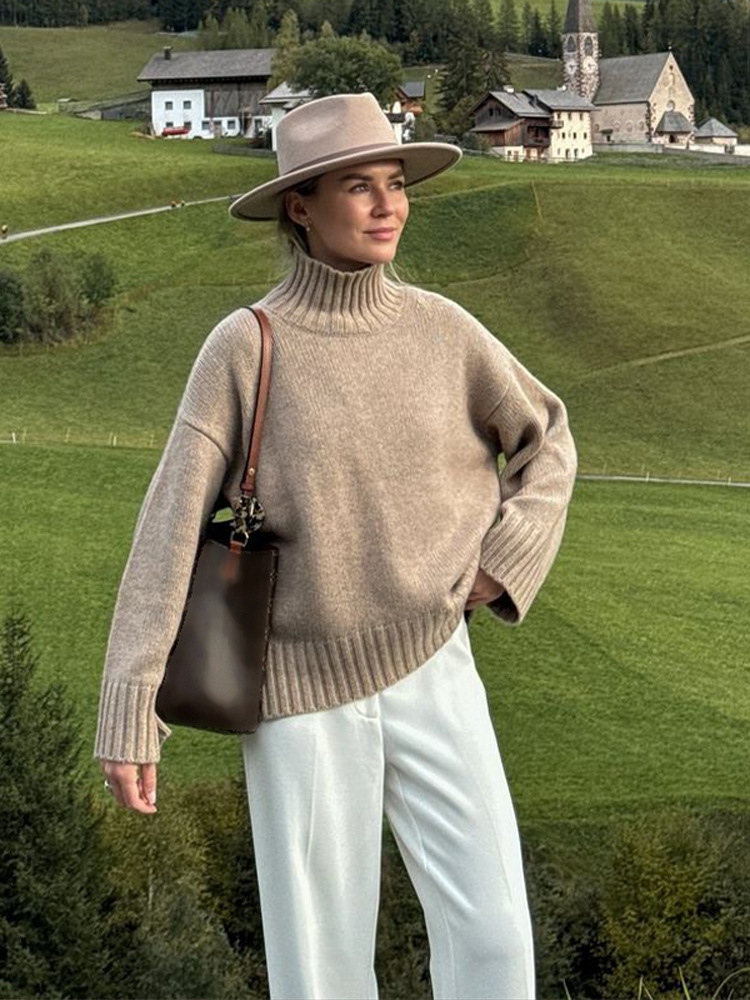 Simple estilo de alta sensación suelta de cuello alto color sólido suéter de manga larga para mujeres 2025 otoño y invierno nuevo estilo transfronterizo europeo y americano