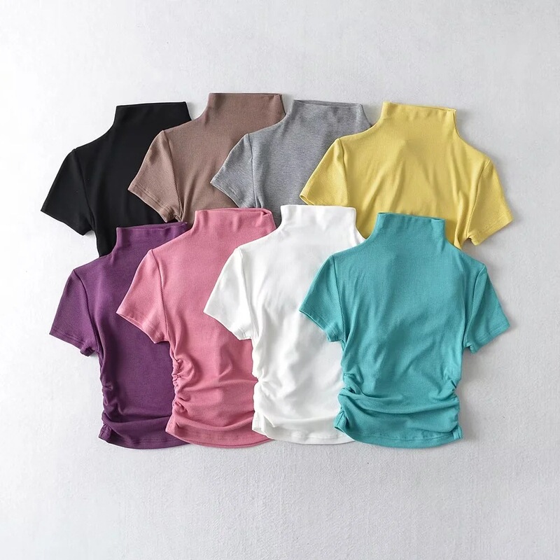 Small Turtleneck Tight-Fitting Short-Sleeved European and American Style Women's Clothing New Pure Color Pleated Tight Top Sexy Threaded T-Shirt on Both Sides