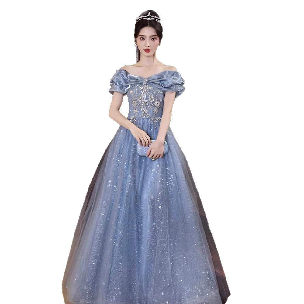 Blue evening dress, open shoulders, high-end