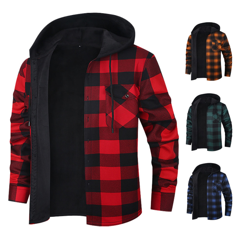 Amazon's New Hooded Flannel Plaid Shirt Men's Shirt Long-Sleeved Plus Velvet Thickened Plus Size Men's Clothing Wholesale