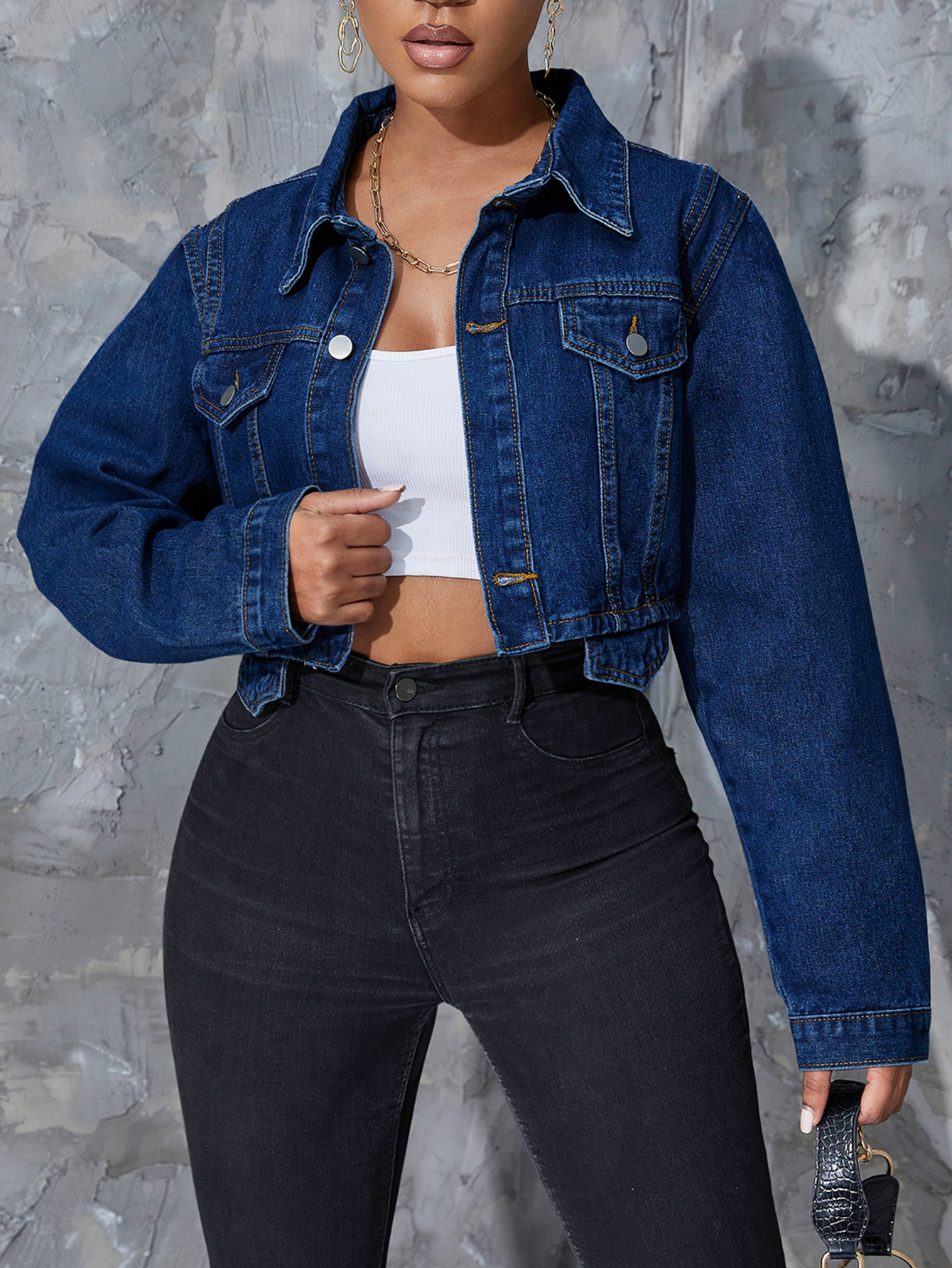 Solid Color Slim Cropped Denim Jacket NSWL104529