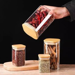 批發竹木蓋防潮玻璃罐方形玻璃儲物罐廚房咖啡豆雜糧玻璃密封罐