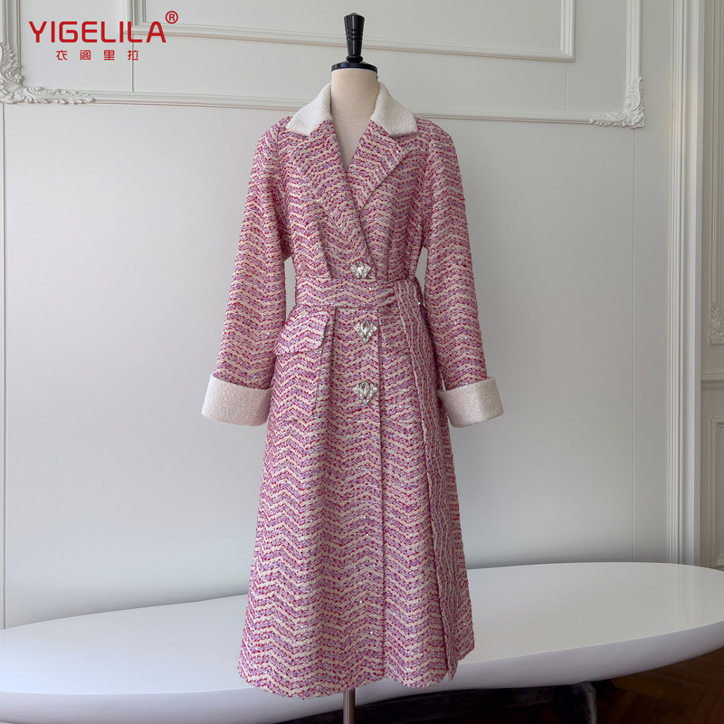 British Style Sequined Tweed Outwear, Ladylike Style Lapel Waist Classic Wavy Texture Outwear 91567