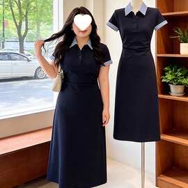 胖mm大码感翻领短袖连衣裙子女2026夏季新款遮肚显瘦收腰长裙