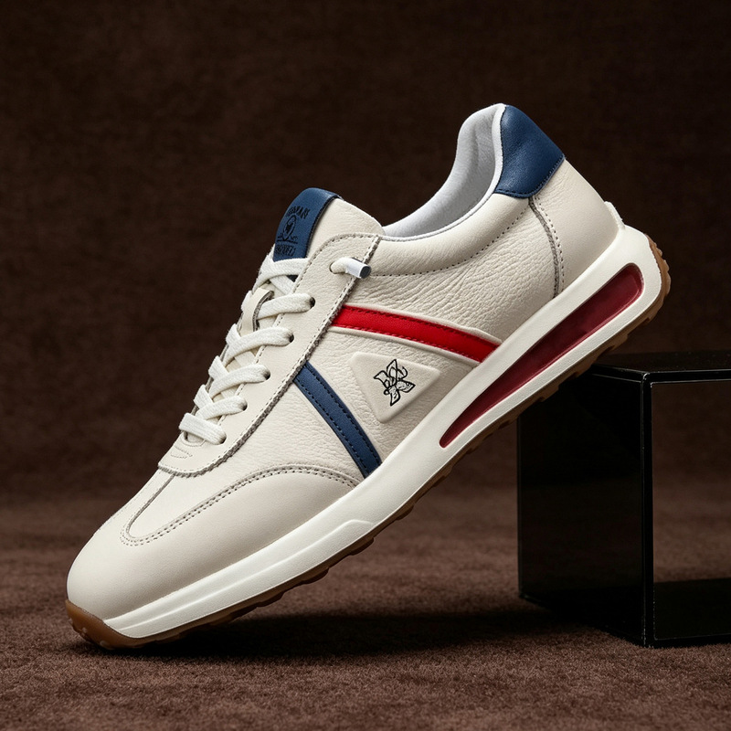 Men's vintage-style Forrest Gump shoes made of top-grain cowhide, featuring a soft sole, genuine leather, and a casual design. These white sneakers are lightweight and sporty, with a color-blocked design
