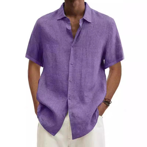 2025 Independent Station Wish Amazon Best Seller Summer V-neck Button Cotton Linen Plain Color Men Fashion Shirt Collar Men