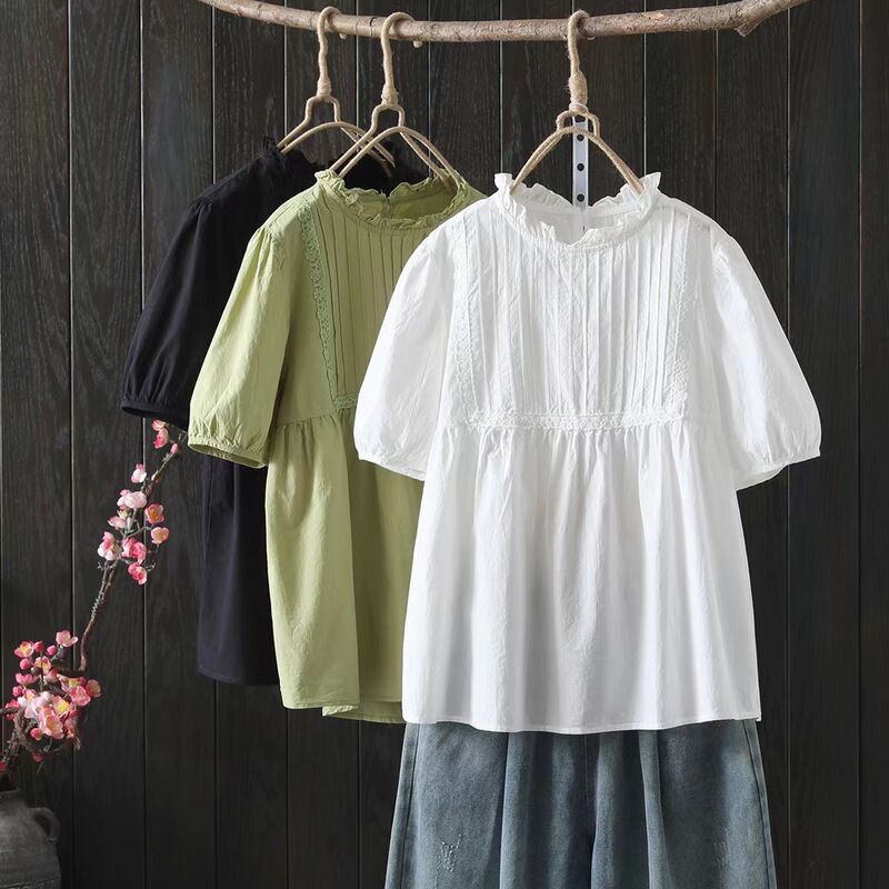 2024 Summer New Arrival Fungus Lacy Collar Pullover Doll Shirt Women's Loose Slimming Women's Short-sleeved Blouse