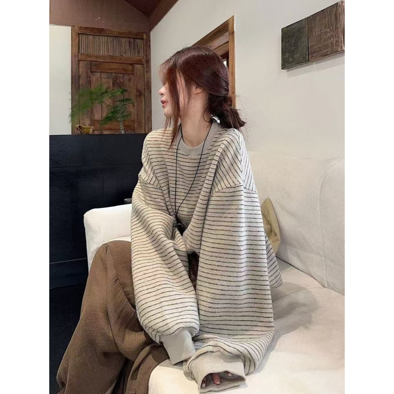 复古条纹圆领无帽长袖卫衣女2025秋季新款韩系宽松学生上衣ins潮|undefined