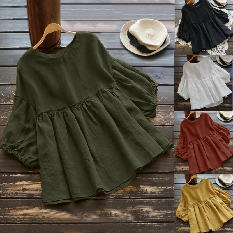 Large Stock of New Models Available on Aliexpress and Amazon: Plus-Size Women's Loose-Fitting Shirts with Lantern Sleeves, Cotton and Linen Blouses